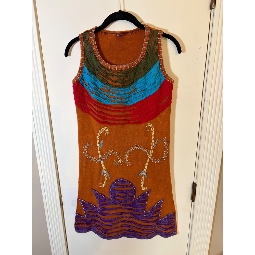 KPC Orange Cotton Boho Embroidered Slashed Lotus Dress Made in Nepal XL